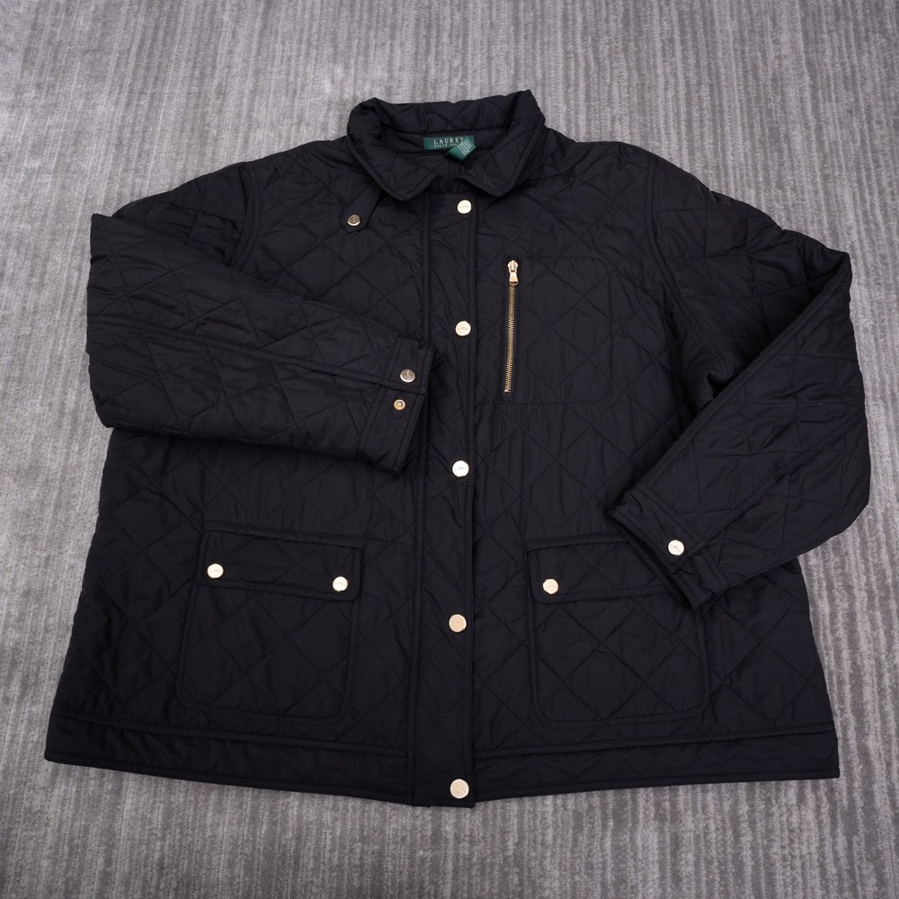 Lauren Ralph Lauren Quilted Jacket Womens 3X Black Excellent Barn Coat Gold Trim